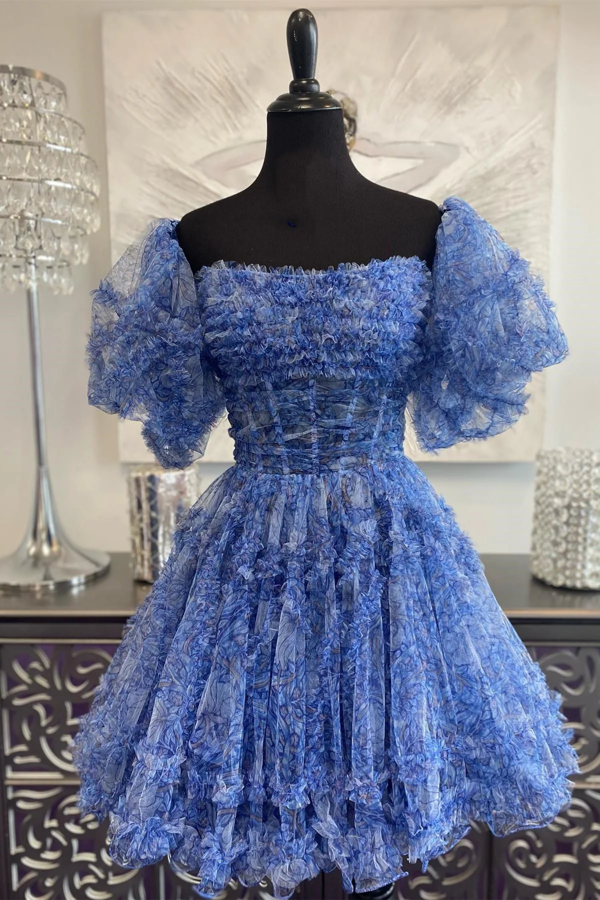 Blue Puff Sleeves Ruffles A-line Prints Homecoming Dress Y2714 Simplepromdress Blue Puff Sleeves Ruffles A-line Prints Homecoming Dress Y2714 Simplepromdress