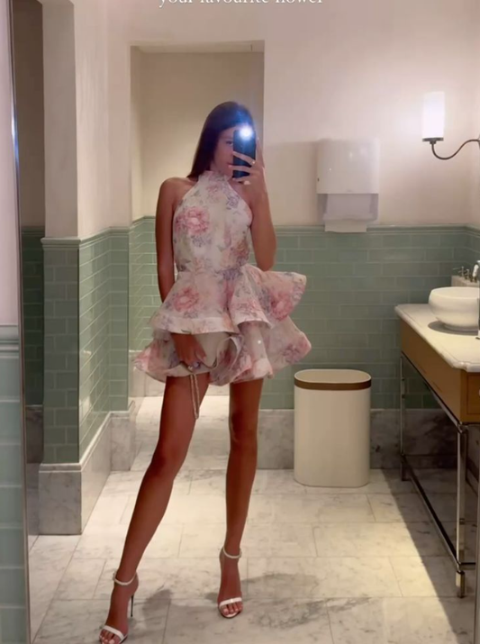 Pink Halter Print Floral Layered A Line Short Formal  Birthday Outfits Homecoming Dress Y9548