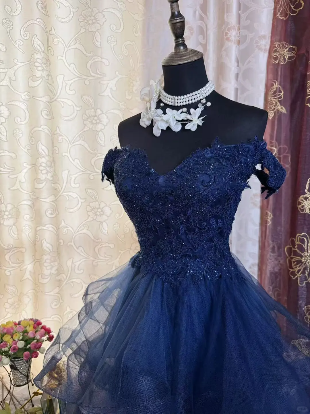 Vintage Off The Shoulder Navy Blue Tulle Appliques Short Homecoming Dress Birthday Outfits SP79