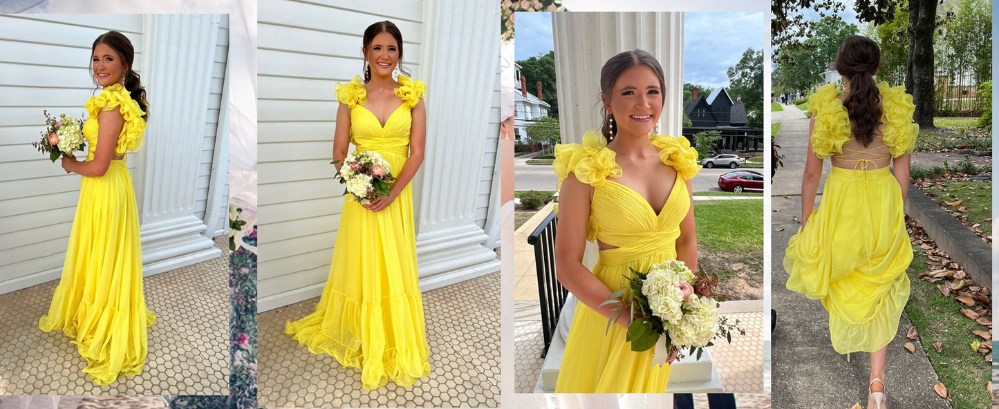 Chiffon A Line Ruffle Prom Dresses for Women V Neck Long Bridesmaid Dresses Backless Formal Evening Gowns  Y3043