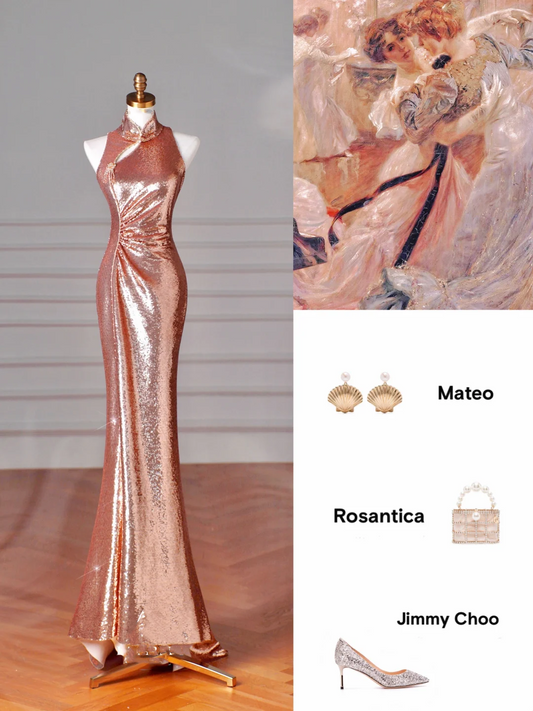 Classy Rose Gold Sequin Mermaid Long Prom Dress Backless Evening Dress Y8635