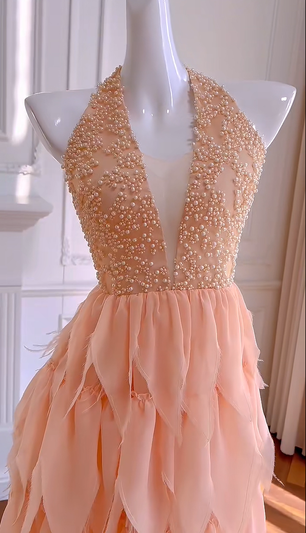 Pretty Halter Beaded Chiffon Cocktail Dress Orange A Line Homecoming Dress Y9048