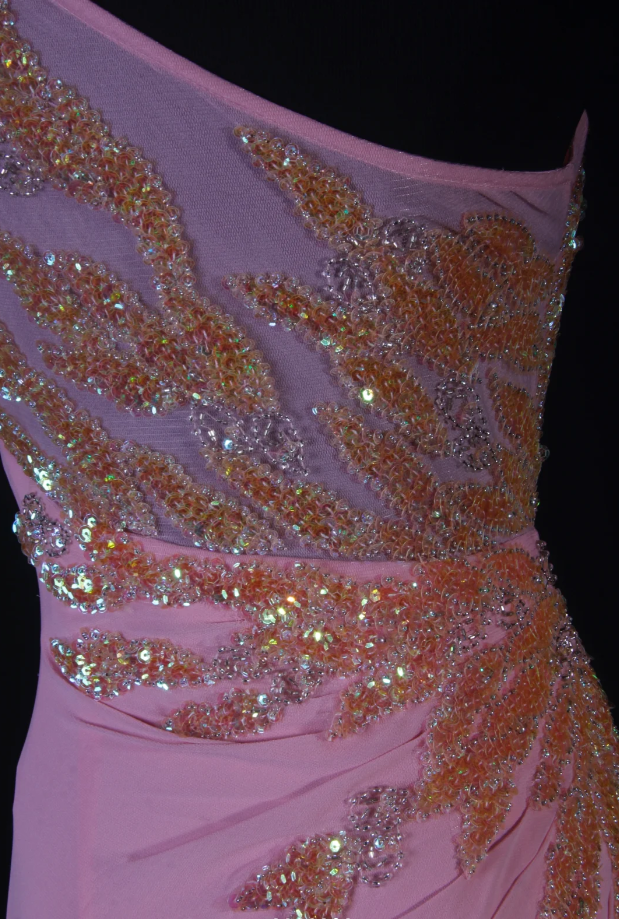 Elegant Pink One Shoulder Chiffon Sequin Beaded Mermaid Evening Dress Slit Long Birthday Prom Dress SP1692