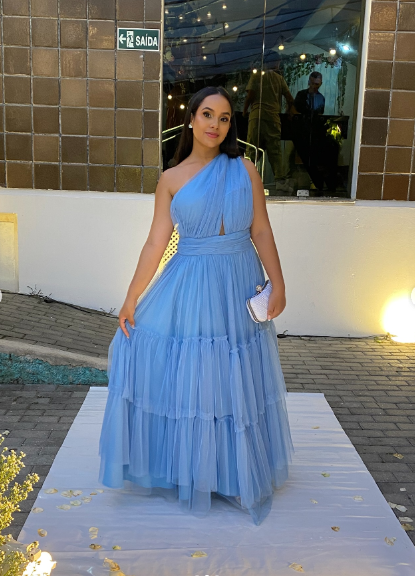 Elegant One Shoulder Blue Tulle Prom Dress,Blue Wedding Guest Dress Y4985