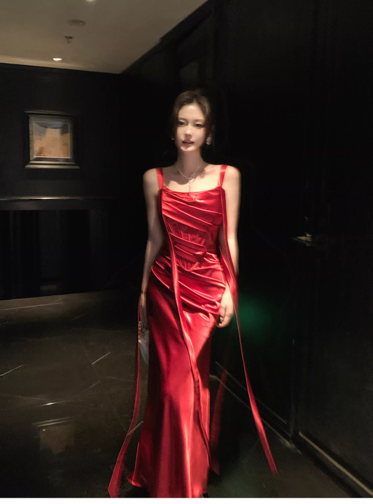 Charming Spaghetti Straps Red Satin Pleated Mermaid Long Wedding Guest Dress Party Dress SP1504