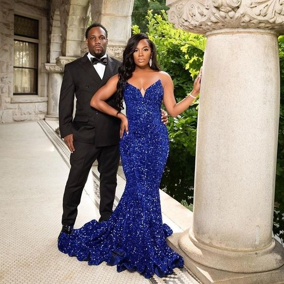 Sexy Glitter Royal Blue Prom Dresses Mermaid Back Open Formal