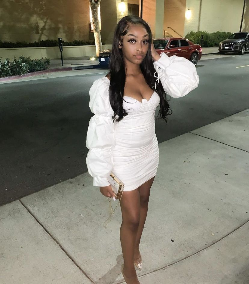 Women Sexy Wrap Dress White Long Puff Sleeve Ruched Bodycon Dress