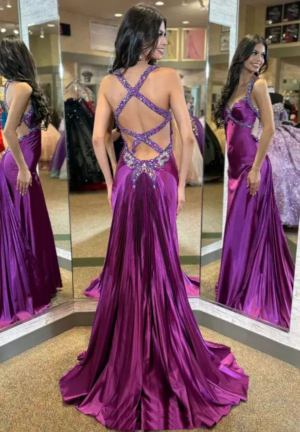 Charming Satin Beaded Purple Mermaid Long Party Dress Prom Dress SP1370