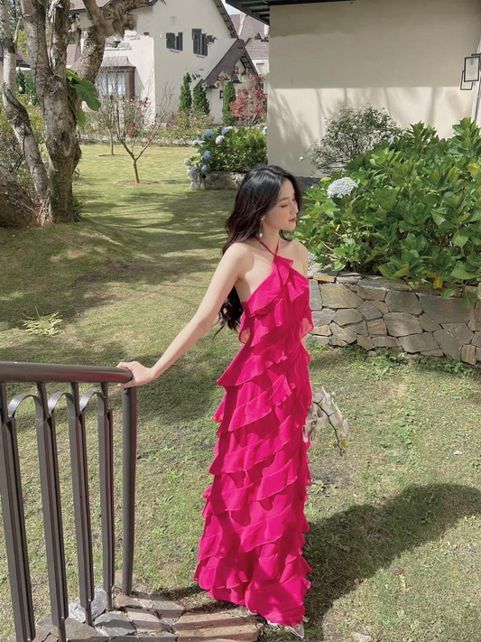Elegant Halter Neckline Ruffled Long Prom Dress,Chic Evening Dress Y2392