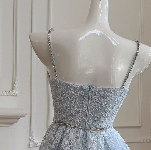 Cute Blue Lace Spaghetti Straps Beaded Homecoming Dress Mini Birthday Party Gown Y8824
