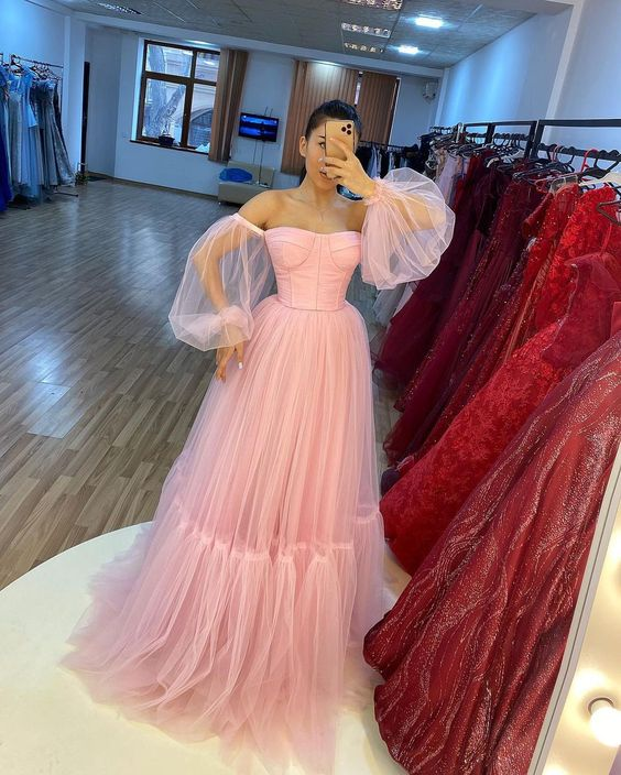 Pink A-line Puff Sleeve Prom Dress, Photoshoot Dress Y6271 – Simplepromdress Pink A-line Puff Sleeve Prom Dress, Photoshoot Dress Y6271 – Simplepromdress