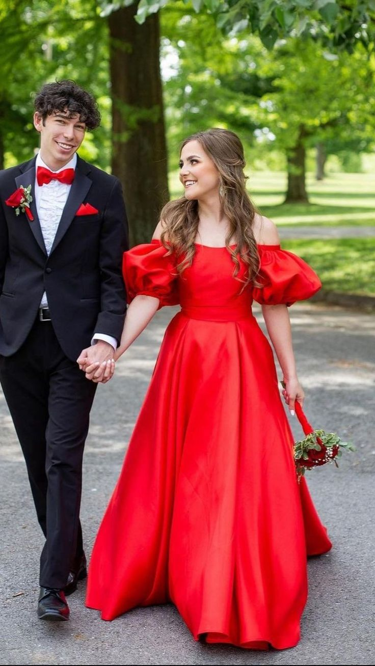 Bubble Sleeve Red A-line Satin Prom Dress,Princess Dress Y5338