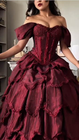 Vintage Off The Shoulder Satin Beaded Petals Layered Ball Gown Burgundy Quinceanera Dress Sweet 16 Dress SP2252