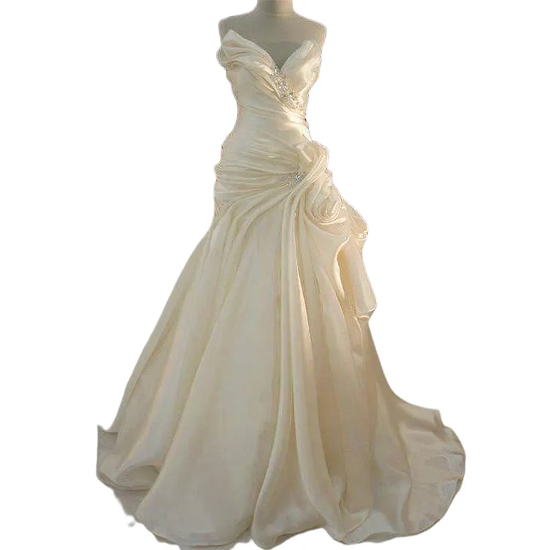 Ruffles Cream Satin Wedding Dress with Beadings Elegant Long Bridal Dress Y4136