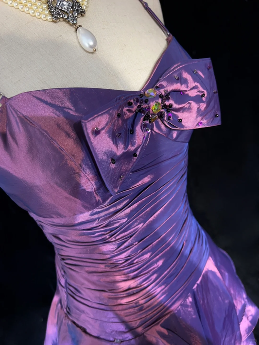 Vintage Spaghetti Straps Satin Pleated A Line Mini Cocktail Dress,Purple Short 6th Grade Homecoming Dress SP2892