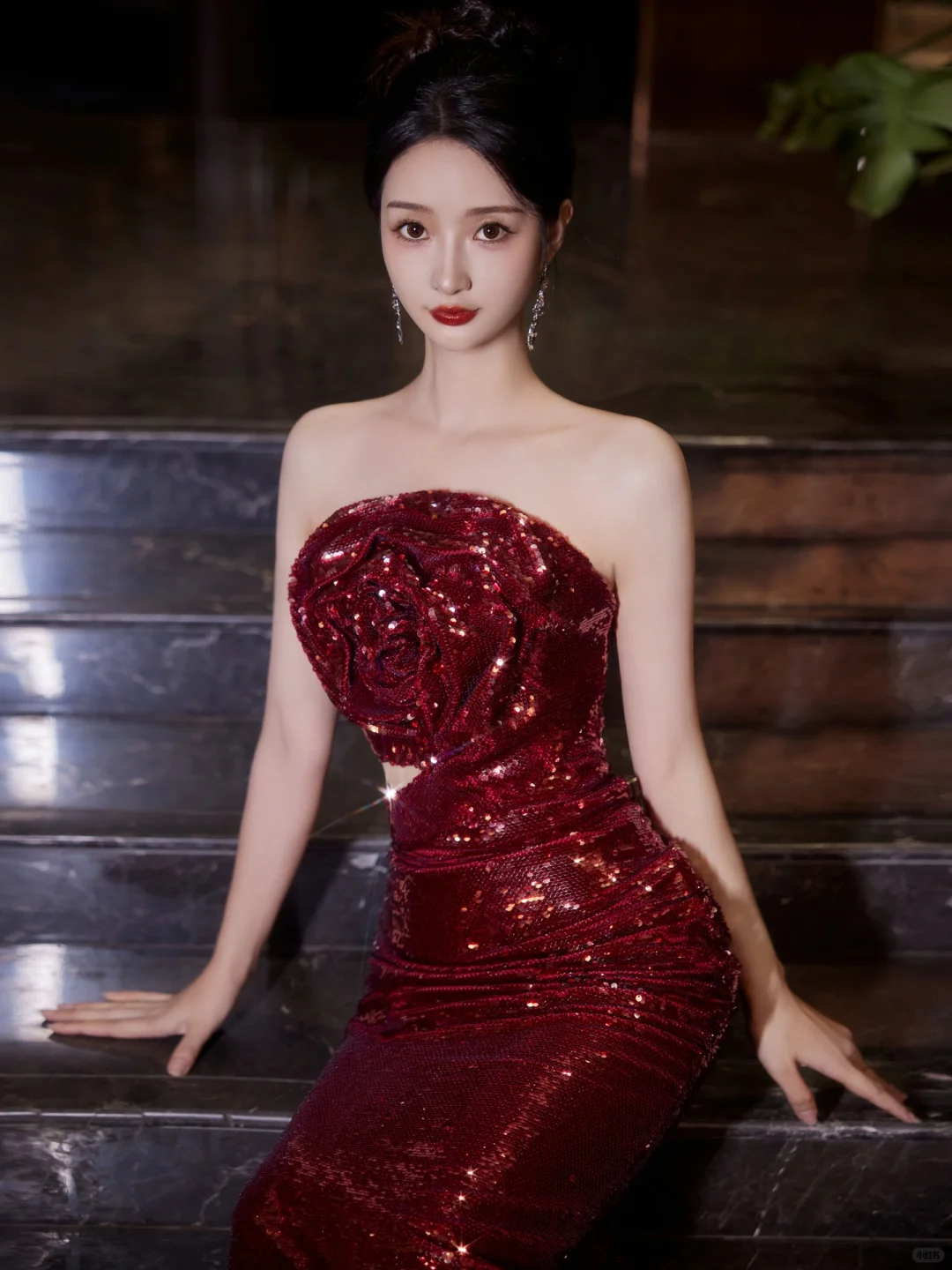 Burgundy Strapless Sequin Rose Flowers Prom Dress,Mermaid Long Evening Dress Y8595