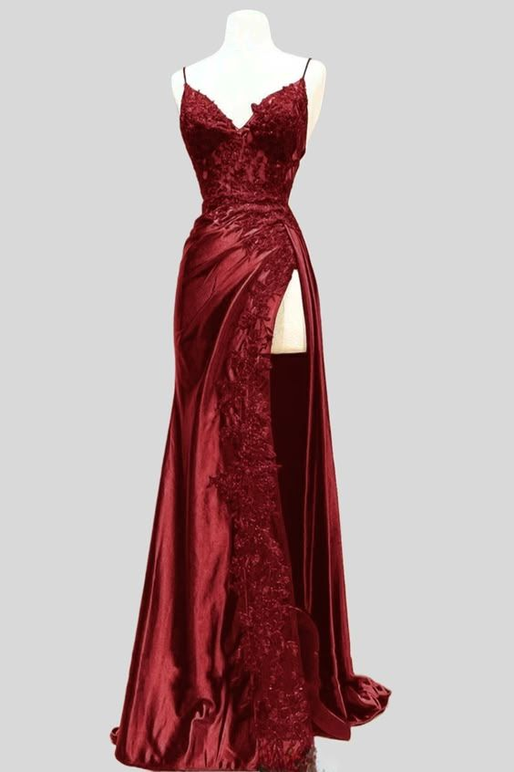 Elegant Burgundy Straps Appliques Mermaid Long Slit Slit Prom Dress Y7711