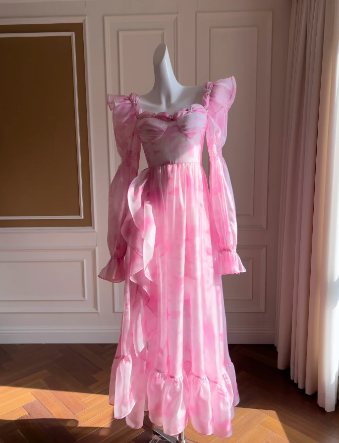 Pretty Pink CHiffon Print Long A Line Prom Dress Evening Dress Y8569