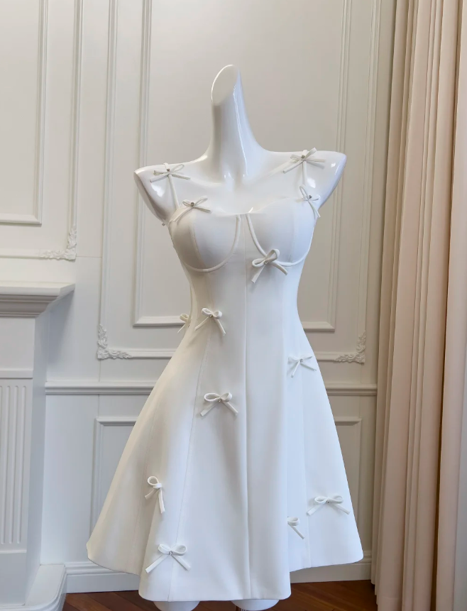 Cute White A Line Satin Homecoming Dress Mini Party Dress With Bow Y8579