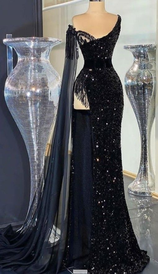 Gorgeous Black Sequins Evening Dress Beaded Tassel Slit Long Prom Dress Y7650