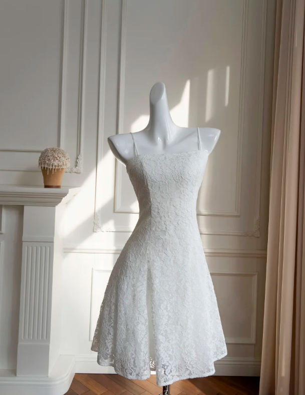 Classy White Spaghetti Straps Lace A Line Homecoming Dress,Mini Party Dress Y8584