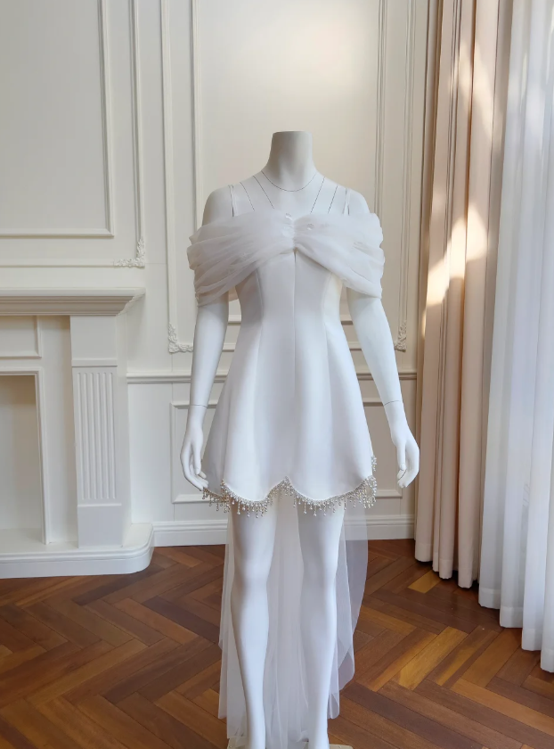 Dream Off The Shoulder White Satin Tulle Homecoming Dress,Mini Party Dress Y8585