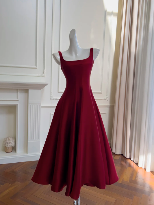 Elegant Black Square Neck Satin Prom Dress,A Line Evening Dress Y8589