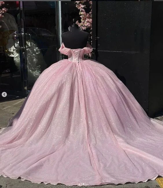 Glitter Off The Shoulder Pink Tulle Beaded Ball Gown Quinceanera Dress Y7462