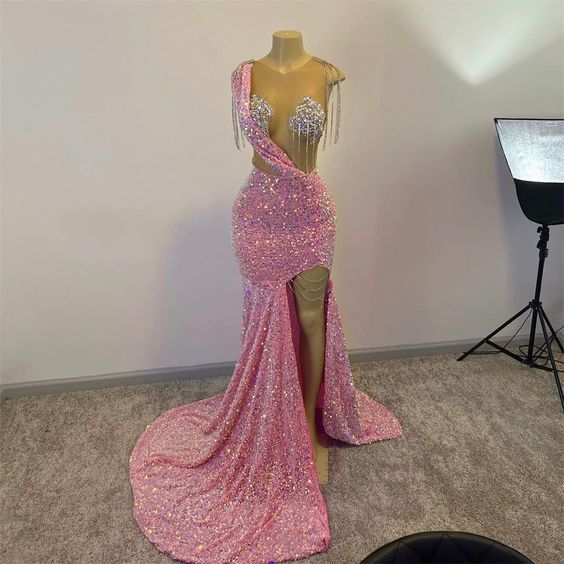 Glitter Pink Sequins Prom Dresses For Black Girls Tassels Luxury Dress Simplepromdress Glitter Pink Sequins Prom Dresses For Black Girls Tassels Luxury Dress Simplepromdress