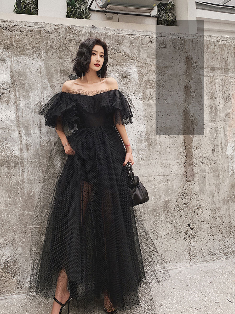 Black Tulle Long Prom Dress, Formal Dress Black Graduation Dresses Y513