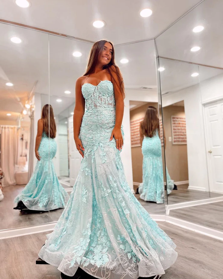Cute Mermaid Sweetheart Mint Lace Long Prom Dresses Y1669
