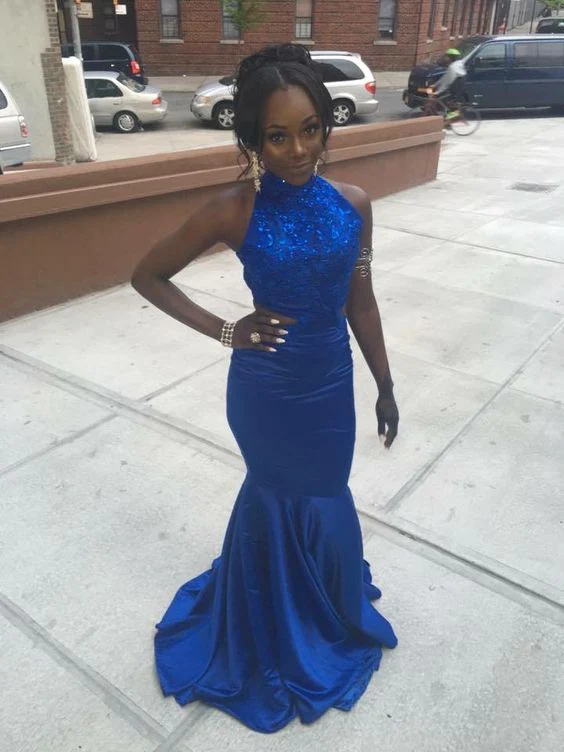 Charming Sheath Royal Blue Satin Backless Slim Fitted Appliques Prom Dresses Y1269