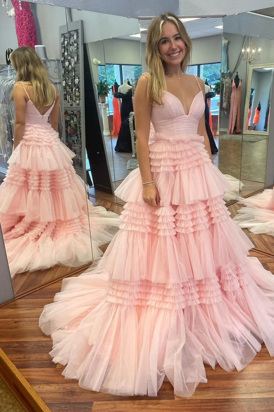 Pink Strapless Princess Tulle Layers Ruffles Long Prom Dress, Pink Formal Evening Dress US 14 / Custom Color