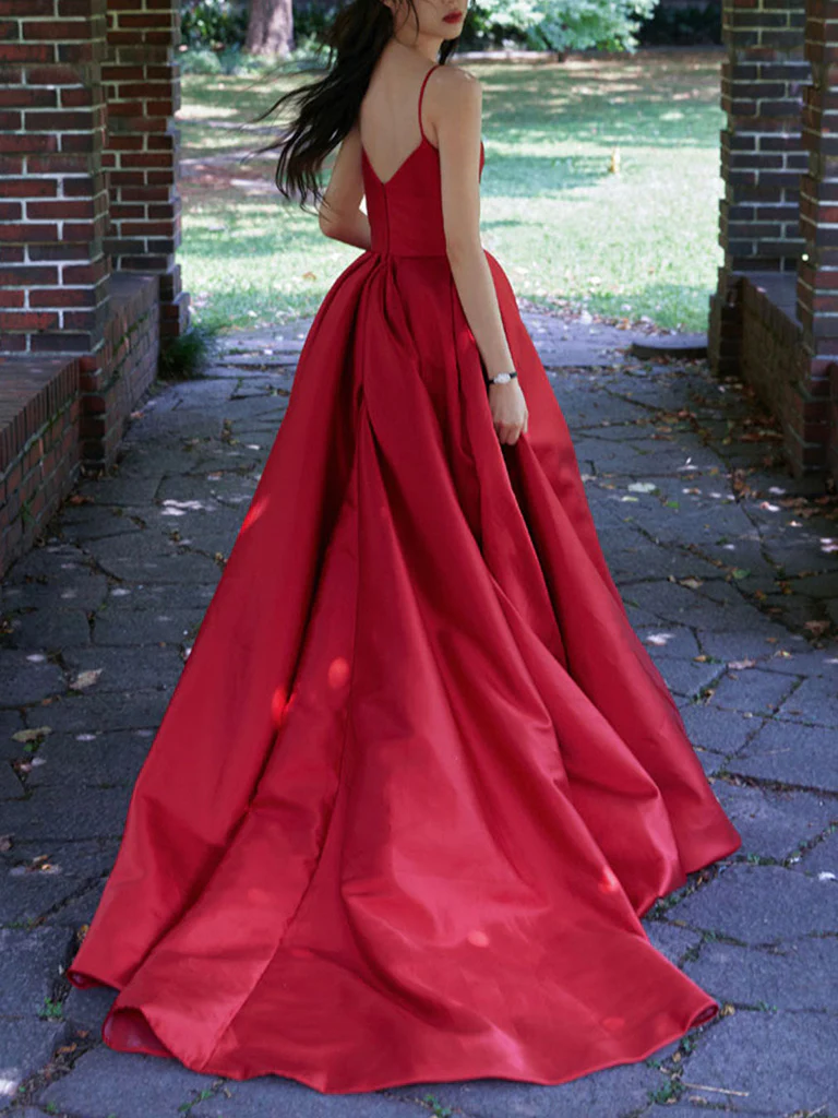 Spaghetti Straps V Neck Red Satin Prom Dresses, Red V Neck Satin Long Formal Graduation Dresses Y231