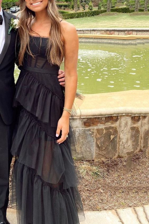 Elegant A-line Layered Tulle Black Prom Dress,Sheer Corset Long Evenin Simplepromdress Elegant A-line Layered Tulle Black Prom Dress,Sheer Corset Long Evenin Simplepromdress