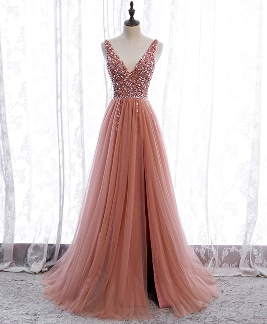 Pink V Neck Tulle Sequin Long Prom Dress Pink Formal Dress Y95