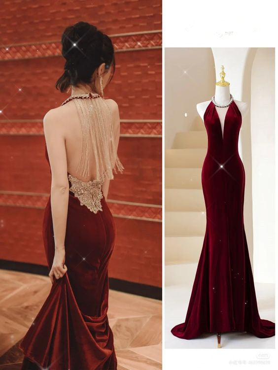 Burgundy Mermaid Long Prom Dress Chic Burgundy Evening Dress With Back Tassel Y383