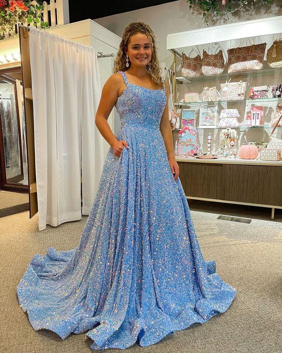 Sparkly A Line Square Neck Blue Sequins Long Prom Dresses With Pockets Simplepromdress Sparkly A Line Square Neck Blue Sequins Long Prom Dresses With Pockets Simplepromdress