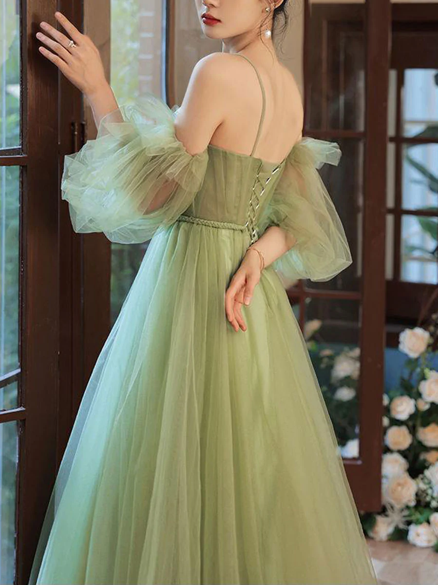 Simple A line Green Long Prom Dress, Green Tulle Bridesmaid Dress Y1857