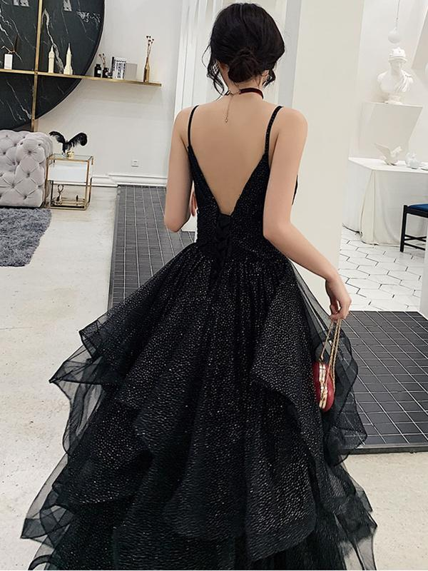 Shiny Black V Neck Prom Dresses, Backless Black V Neck Formal Evening Gown Y1148