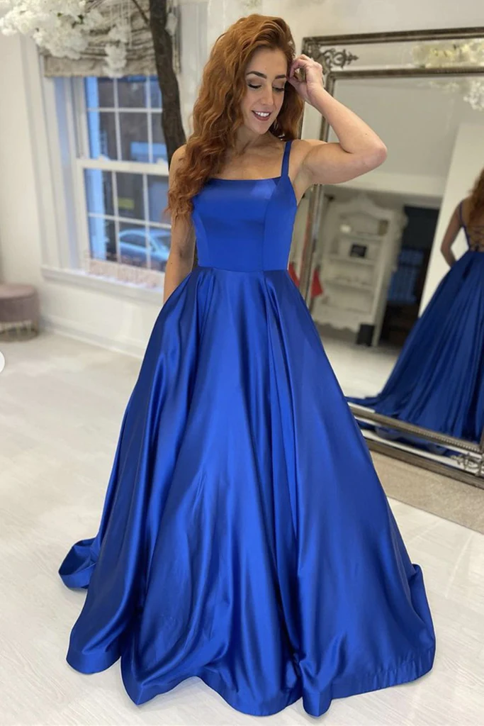Simple A Line Royal Blue Satin Long Prom Dress, Long Blue Formal Gradu Simplepromdress Simple A Line Royal Blue Satin Long Prom Dress, Long Blue Formal Gradu Simplepromdress