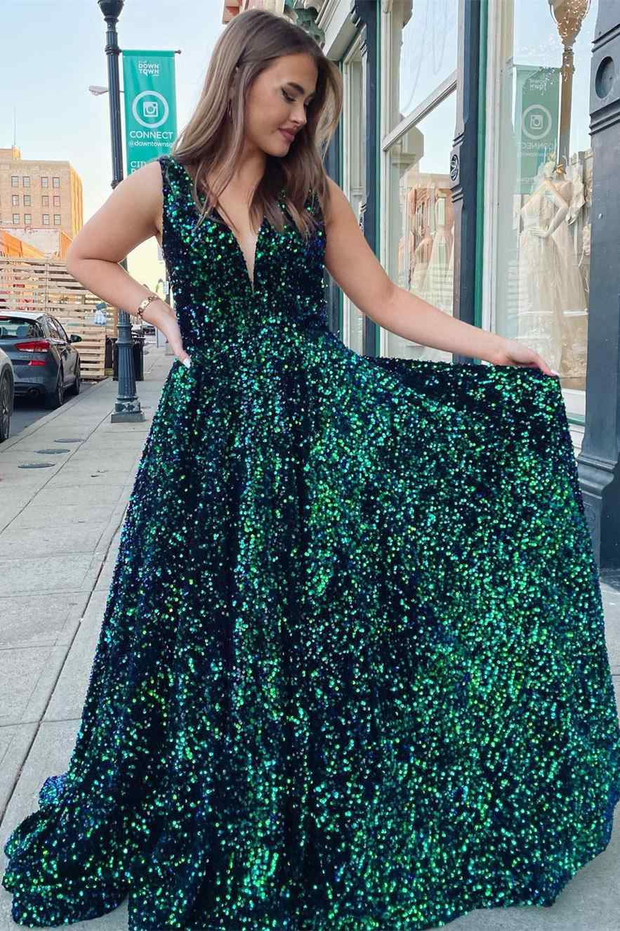 Sparkly Dark Green Sequins Long Prom Dress with Pockets Y347