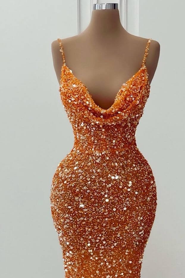 Orange V-Neck Mermaid Spaghetti-Straps Long Prom Dress With Sequins Y21