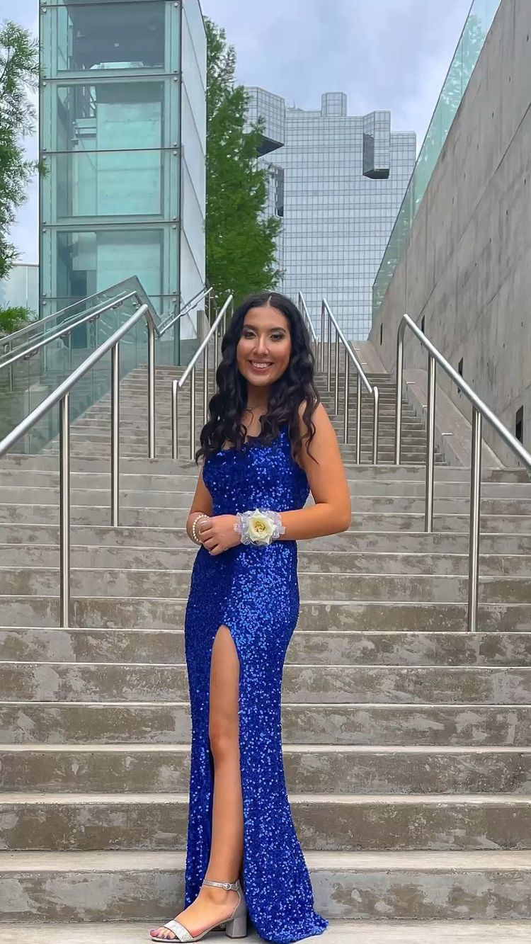 Royal Blue Sequins Long Prom Dress With Side Slit Elegant Evening Gown Y128
