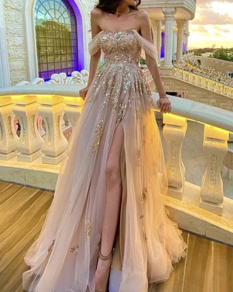 Elegant Champagne tulle corset prom dresses off the shoulder with sequ Simplepromdress Elegant Champagne tulle corset prom dresses off the shoulder with sequ Simplepromdress
