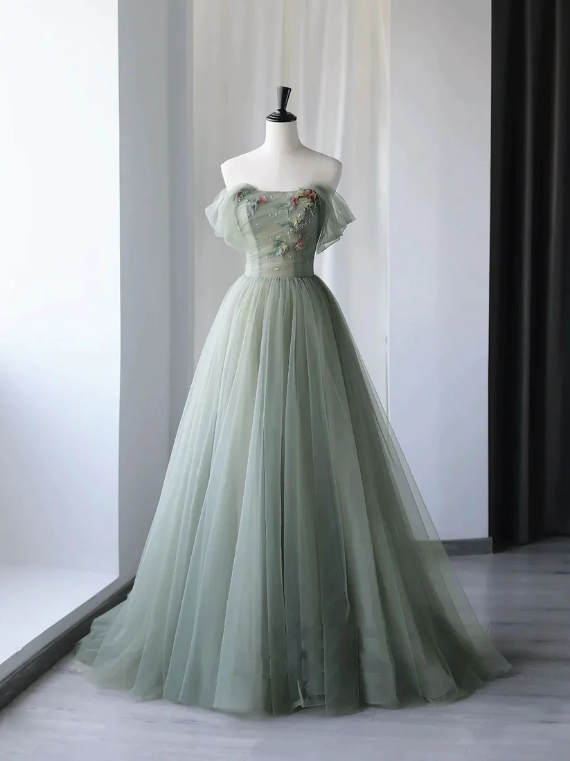 Gray Green Tulle Off Shoulder Long Prom Dress, Gray Green Formal Graduation Dresses Y1292