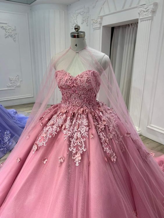 Sweetheart Pink Tulle Lace Ball Gown With Tulle Cape Sweet 16 Dress Y7 Simplepromdress Sweetheart Pink Tulle Lace Ball Gown With Tulle Cape Sweet 16 Dress Y7 Simplepromdress
