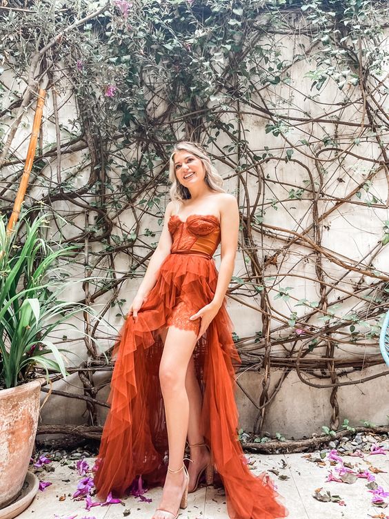 Rust Red Sweetheart High Low Tiered Formal Dress,Tulle Long Evening Prom Dresses Y1108