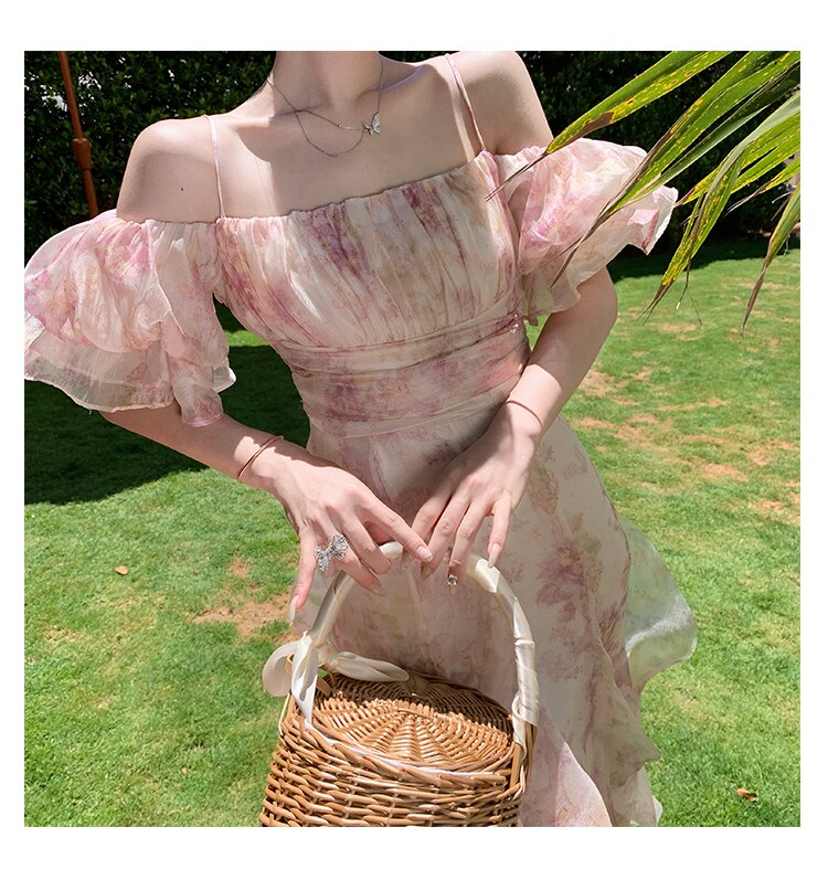 Long Dress Women French Romantic Popular Floral Bubble Sleeve Boat Neck Sling Beach Holiday Summer Dresses,Charming Prom Dress Y1856