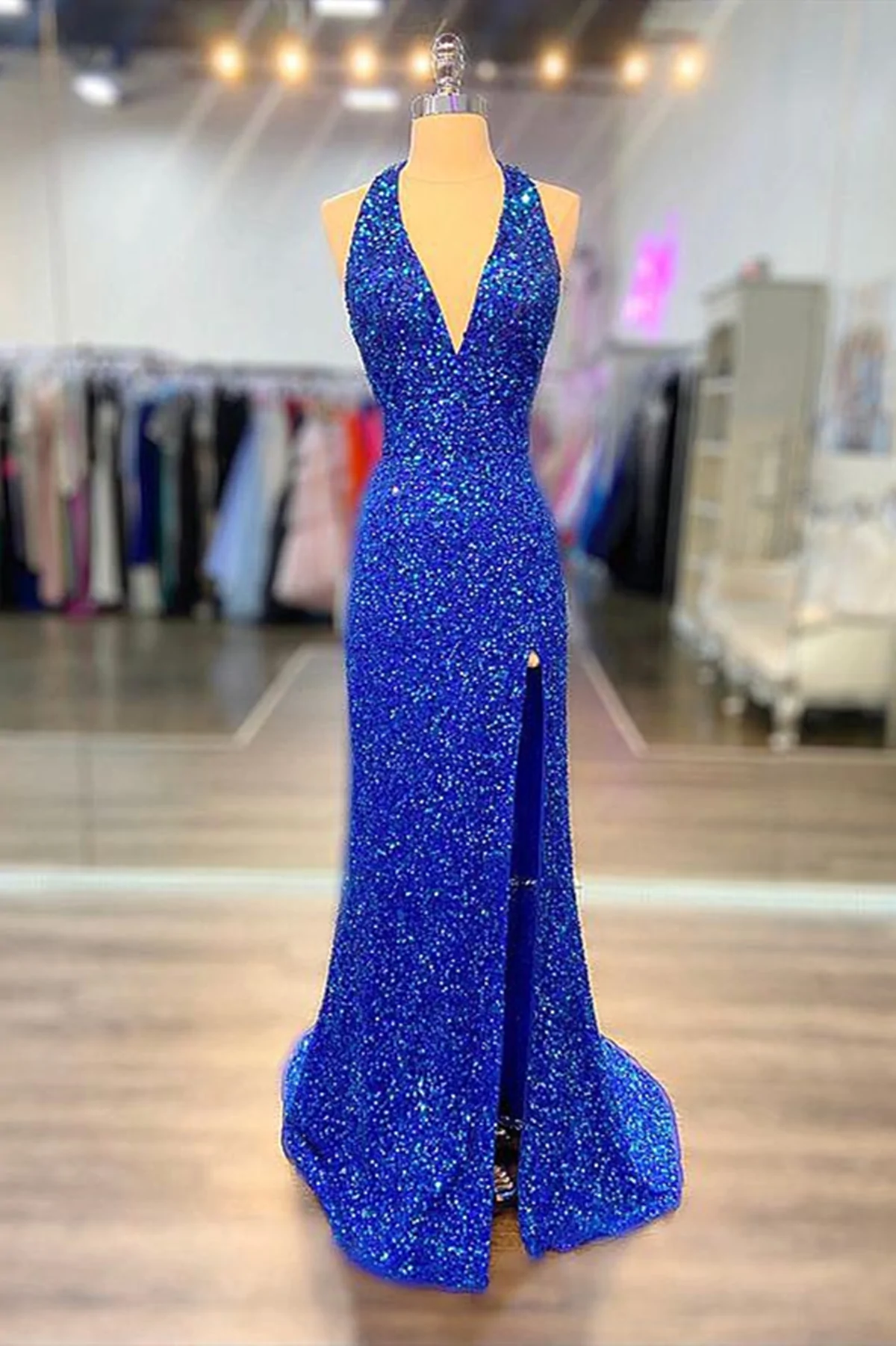 Halter Neck Royal Blue Long Prom Dresses, Shiny Royal Blue Long Formal Simplepromdress Halter Neck Royal Blue Long Prom Dresses, Shiny Royal Blue Long Formal Simplepromdress